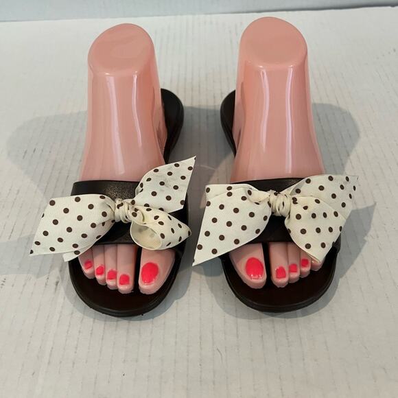 Oka B Okabashi Madison Brown Slides Cream Polkadot Bow FlipFlop Sandal M - Picture 1 of 11